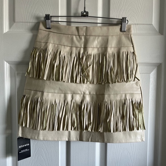 storets Dresses & Skirts - Storets Beige Faux Leather Fringy Mini Skirt NWT Size S/M